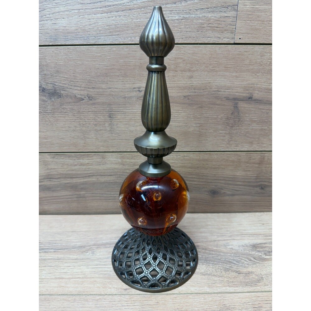 Vintage Amber Bubble Glass Brass Decorative Finial Hollywood Regency 14”